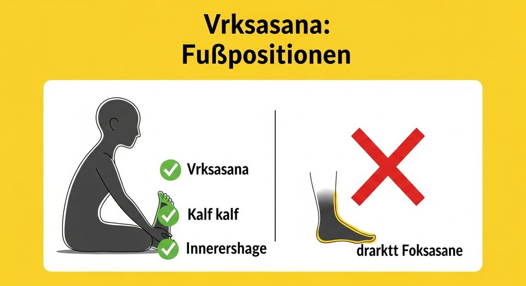 Infografik zu den korrekten und falschen Fußpositionen in der Vrksasana Yoga-Übung.