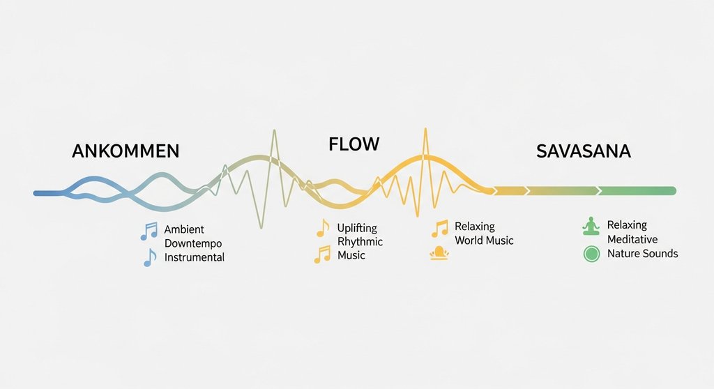 Infografik zum Aufbau einer Yoga Playlist in drei Phasen: Ankommen, Flow und Savasana.