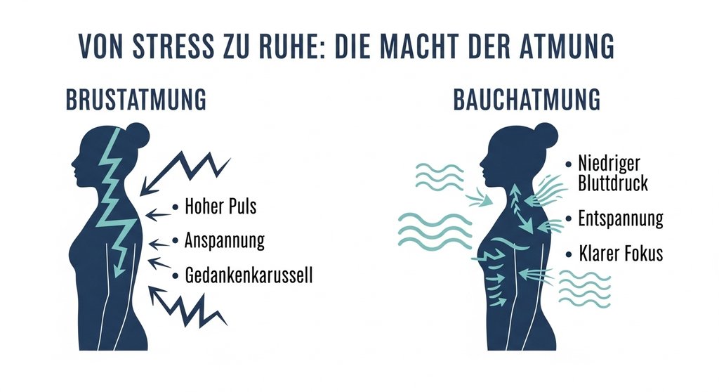 Infografik zum Unterschied zwischen stressfördernder Brustatmung und entspannender Bauchatmung.