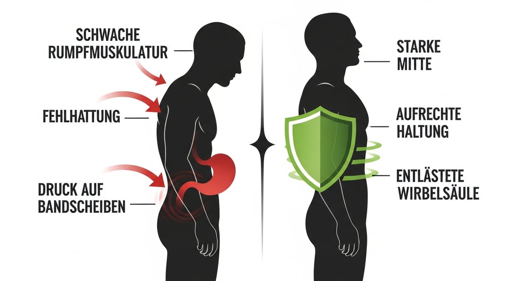 Infografik zur Bedeutung einer starken Rumpfmuskulatur gegen Rückenschmerzen.