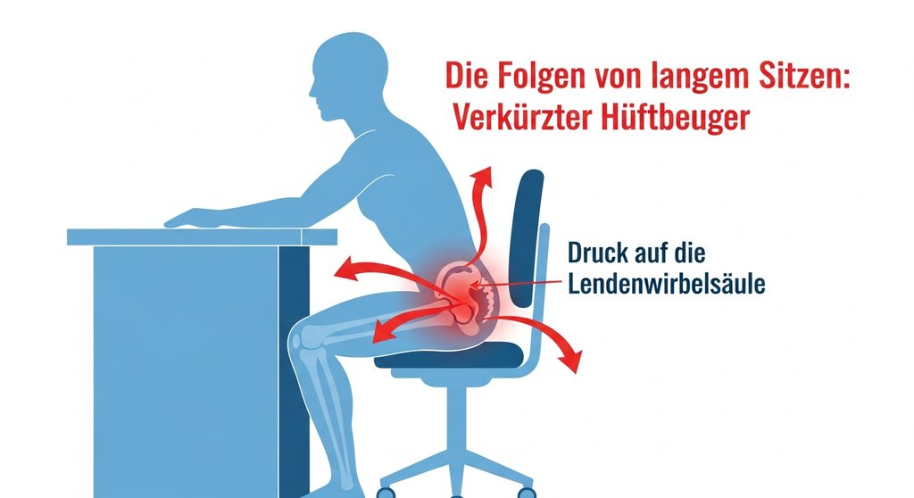Infografik zur Erklärung von Hüftschmerzen durch langes Sitzen und einen verkürzten Psoas-Muskel.