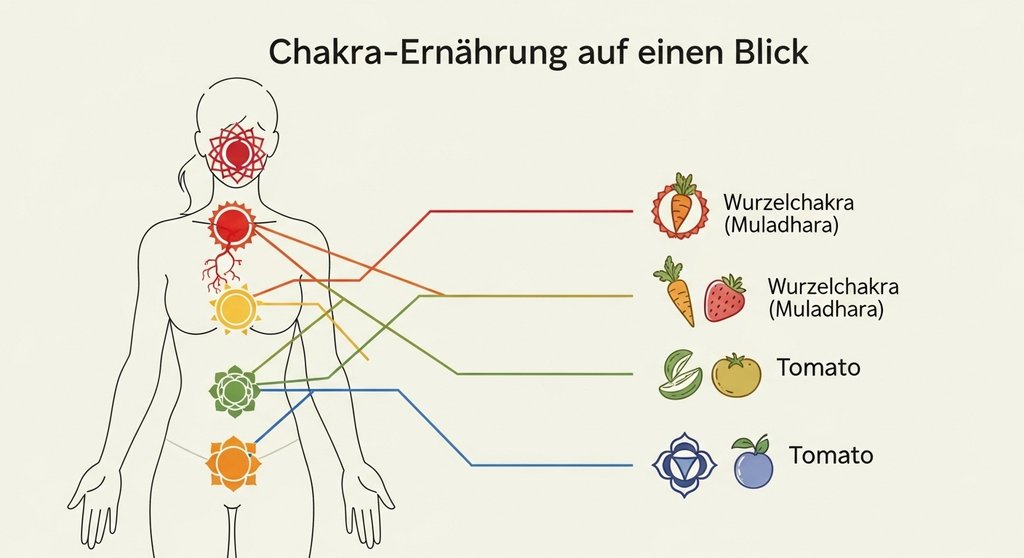 Infografik zur Ernährung für die Chakren, die die sieben Energiezentren mit den passenden Lebensmitteln verbindet.