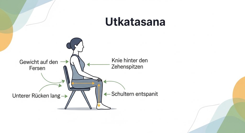 Infografik zur korrekten Ausführung von Utkatasana mit Hinweisen zur richtigen Körperhaltung.