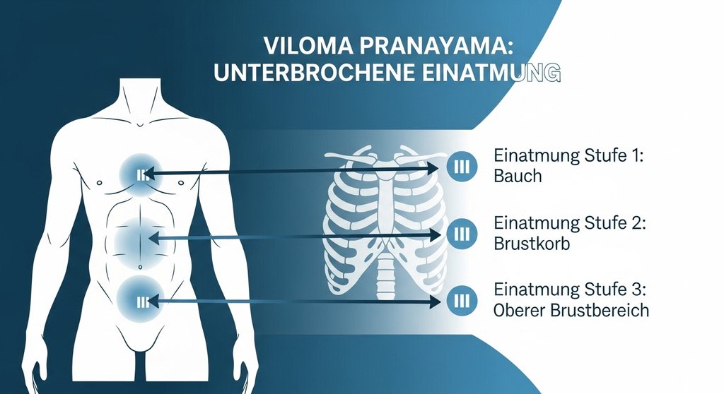 Infografik zur stufenweisen Einatmung beim Viloma Pranayama.
