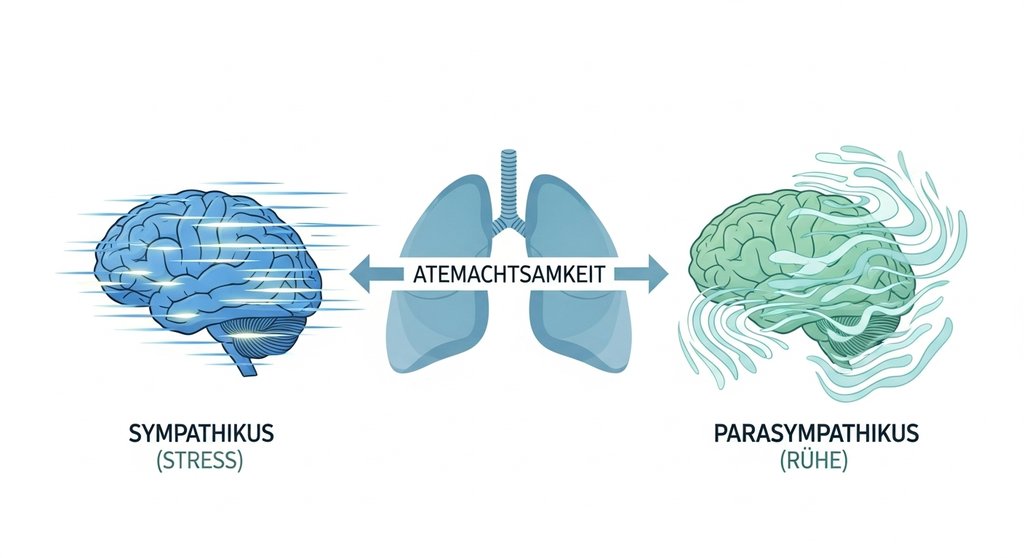 Infografik zur Wirkung von Atemachtsamkeit auf das sympathische und parasympathische Nervensystem.