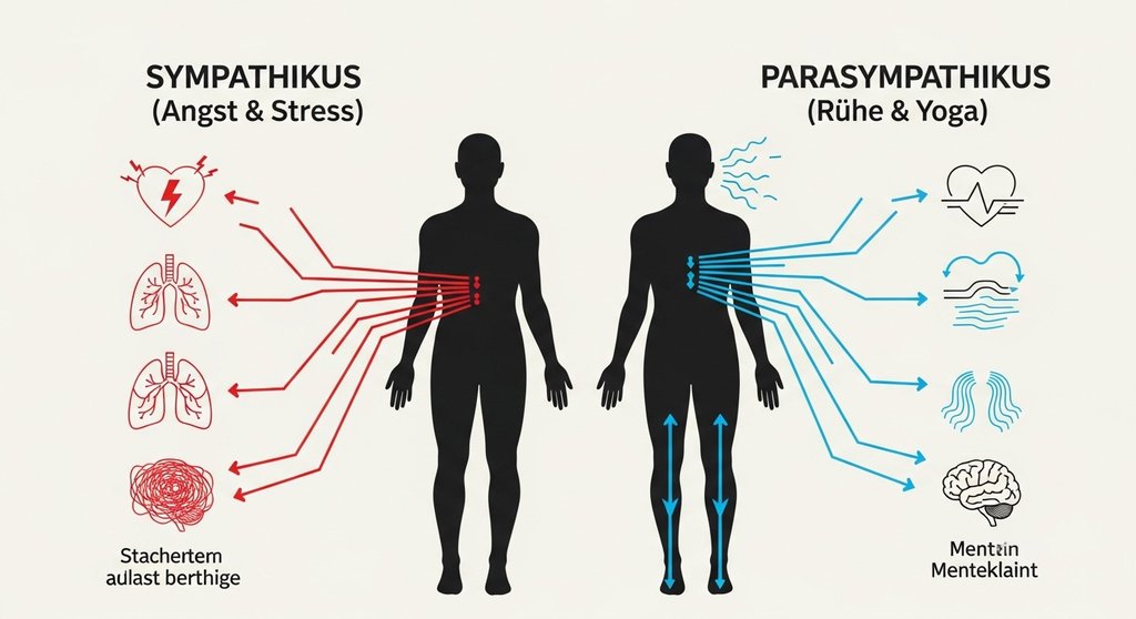 Infografik zur Wirkung von Yoga auf das sympathische und parasympathische Nervensystem bei Angst.