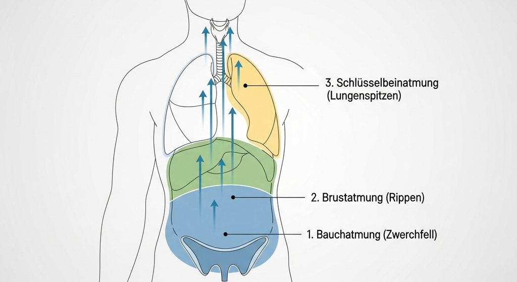 Infografik zur yogischen Vollatmung, die die drei Atembereiche zeigt: Bauch, Brust und Schlüsselbein.