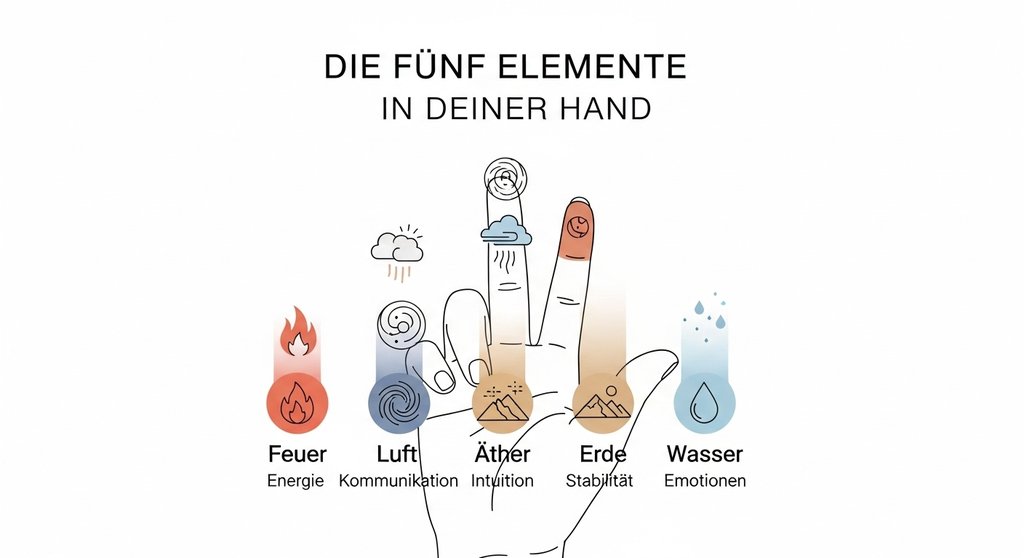 Infografik zur Zuordnung der fünf Elemente zu den Fingern für die Mudra-Praxis.