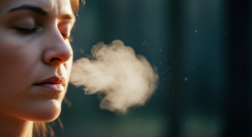 Nahaufnahme einer Person mit geschlossenen Augen beim Forrest Yoga, der Dampf des Atems ist in der kühlen Luft sichtbar. Photorealistisch, filmisch, mit Fokus auf die intensive, aber ruhige Konzentration. Das Bild vermittelt ein Gefühl von innerer Einkehr und der Kraft des Atems.