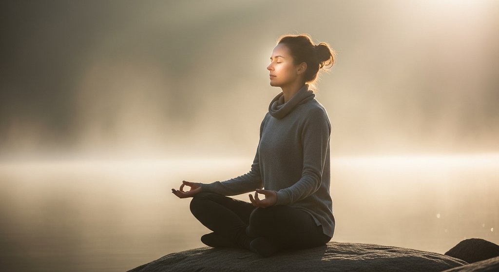 Person praktiziert tiefe Atmung in der Natur für mehr Wohlbefinden. Person praktiziert tiefe Atmung in der Natur für mehr Wohlbefinden.
