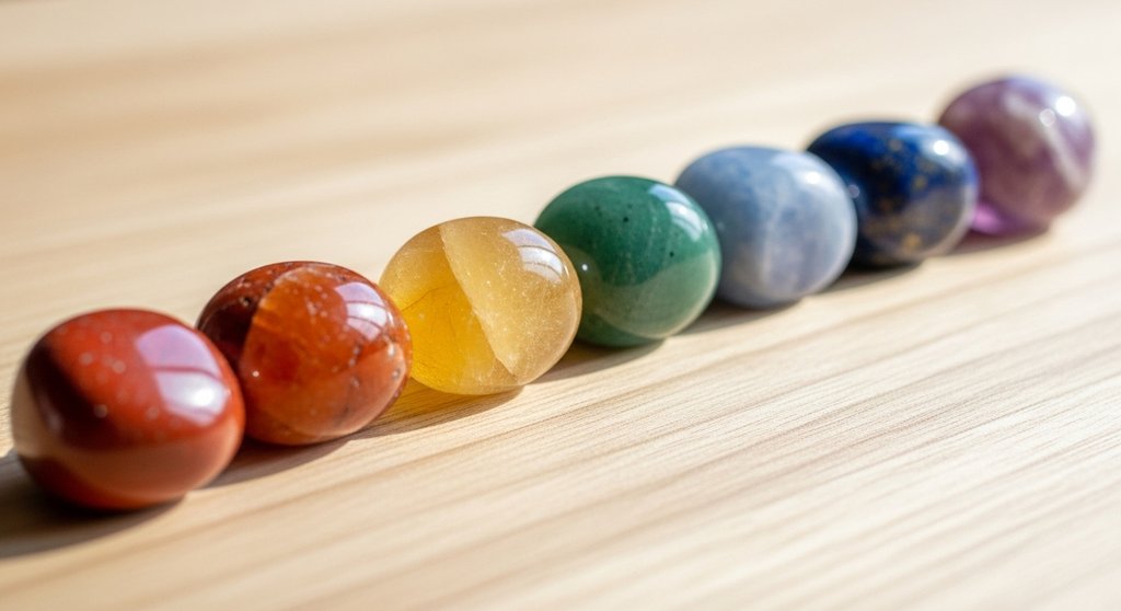 Sieben polierte Heilsteine in den Farben der Chakren liegen in einer Reihe.