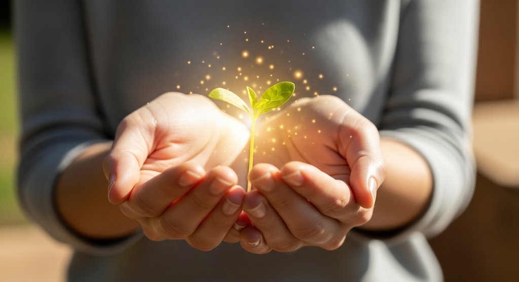Symbolbild für Yogatherapie: Hände halten einen leuchtenden Spross als Zeichen für Heilung und Wachstum.