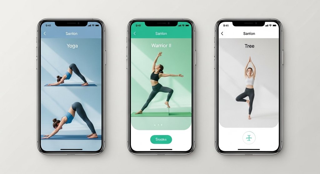 Vergleich der Benutzeroberflächen von drei verschiedenen Yoga Apps für Anfänger.