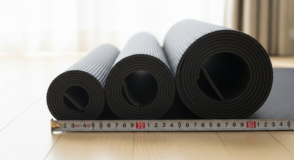 Vergleich der Dicke von drei Yogamatten für Anfänger zur Auswahl der richtigen Dämpfung.