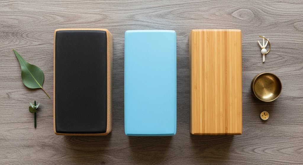 Vergleich von Yogablöcken aus Kork, Schaumstoff und Holz.