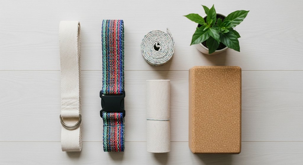 Verschiedene Arten von Yogagurten aus Baumwolle und anderen Materialien mit unterschiedlichen Schnallen.