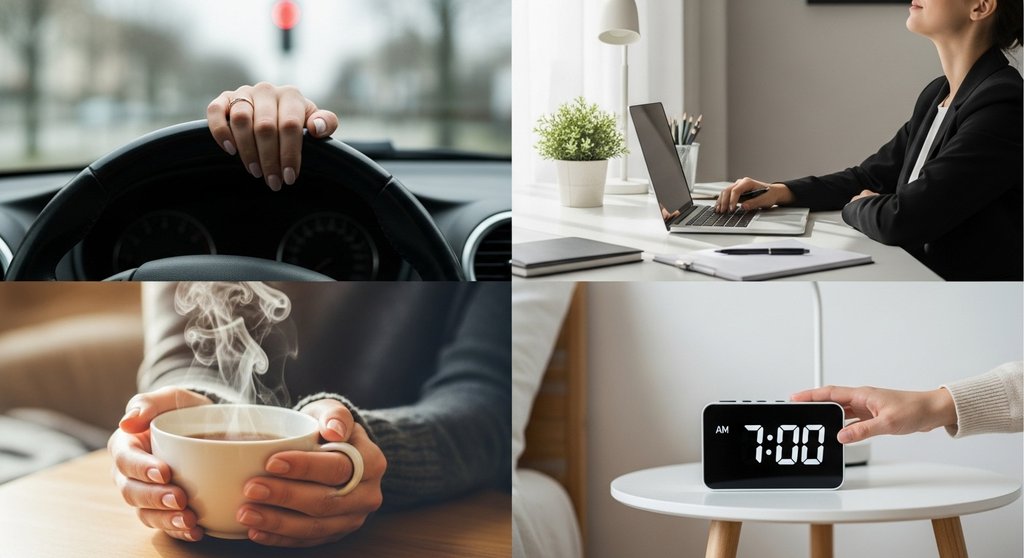 Vier Alltagssituationen, in denen man Atemachtsamkeit praktizieren kann: im Auto, am Schreibtisch, beim Teetrinken und vor dem Schlafen.