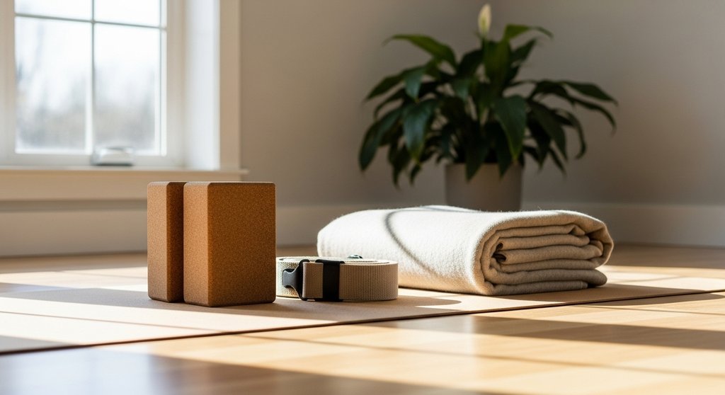 Yoga-Ausrüstung für Anfänger wie Blöcke und Gurt auf einer Matte.