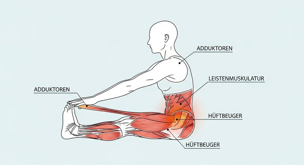Anatomische Darstellung der im Yoga Schmetterling gedehnten Muskeln wie Adduktoren.
