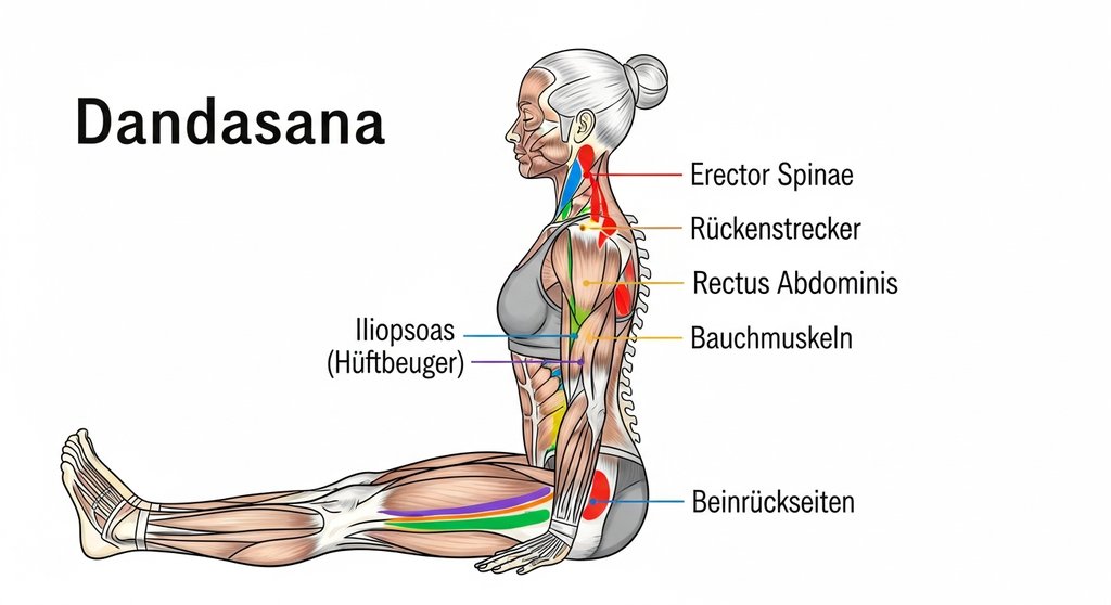 Anatomische Darstellung von Dandasana, die die aktivierten und gedehnten Muskeln im Körper zeigt.