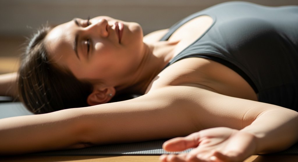 Detailansicht einer geerdeten Schulter während der Yoga-Übung liegender Twist.