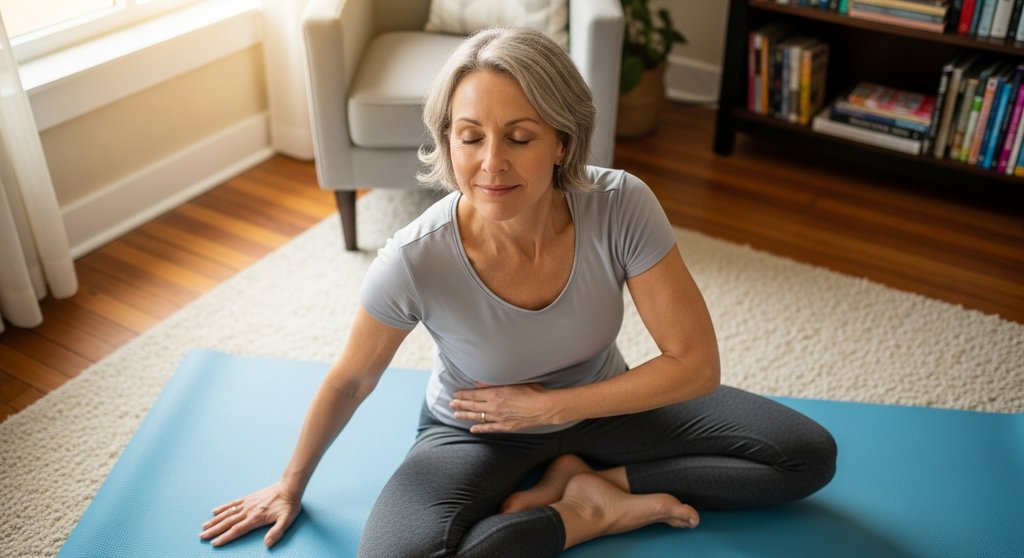 Eine Frau dehnt ihre Hüftmuskulatur mit der Nadelöhr-Yoga-Übung, um Rückenschmerzen zu lindern.