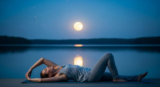 Eine Frau praktiziert Chandra Namaskar, den Mondgruß, bei Vollmond am See zur Förderung der inneren Ruhe. Chandra Namaskar: Finde Ruhe und Kraft im sanften Fluss des Mondgrußes