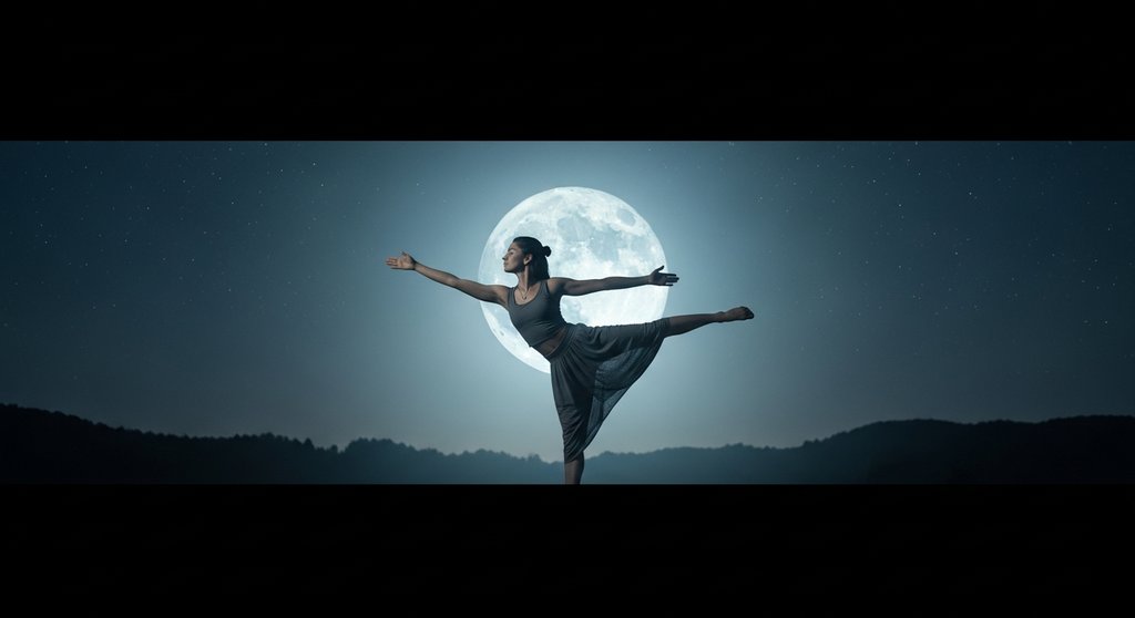 Eine Frau praktiziert den Mondgruß (Chandra Namaskar) unter dem leuchtenden Vollmond für innere Ruhe. Eine Frau praktiziert den Mondgruß (Chandra Namaskar) unter dem leuchtenden Vollmond für innere Ruhe.