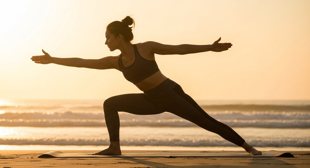 Eine Frau praktiziert den Sonnengruß (Surya Namaskar) bei Sonnenaufgang am Meer. Eine Frau praktiziert den Sonnengruß (Surya Namaskar) bei Sonnenaufgang am Meer.