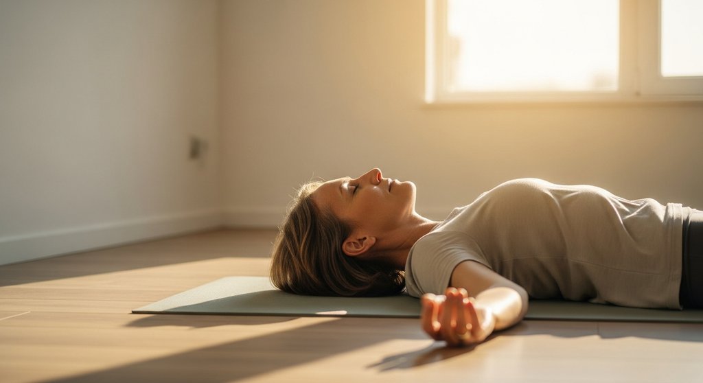 Eine Frau praktiziert die Entspannungshaltung Shavasana auf ihrer Yogamatte.