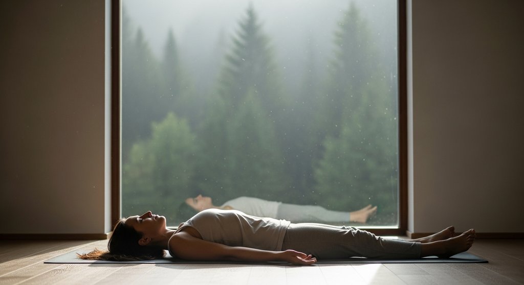 Eine Frau praktiziert die Totenstellung (Shavasana) in einem ruhigen Raum und erreicht tiefe Entspannung.