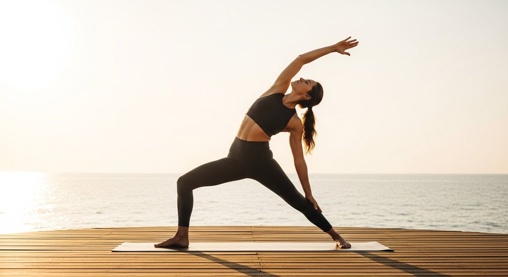 Eine Frau praktiziert einen dynamischen Yoga Flow bei Sonnenaufgang am Meer.