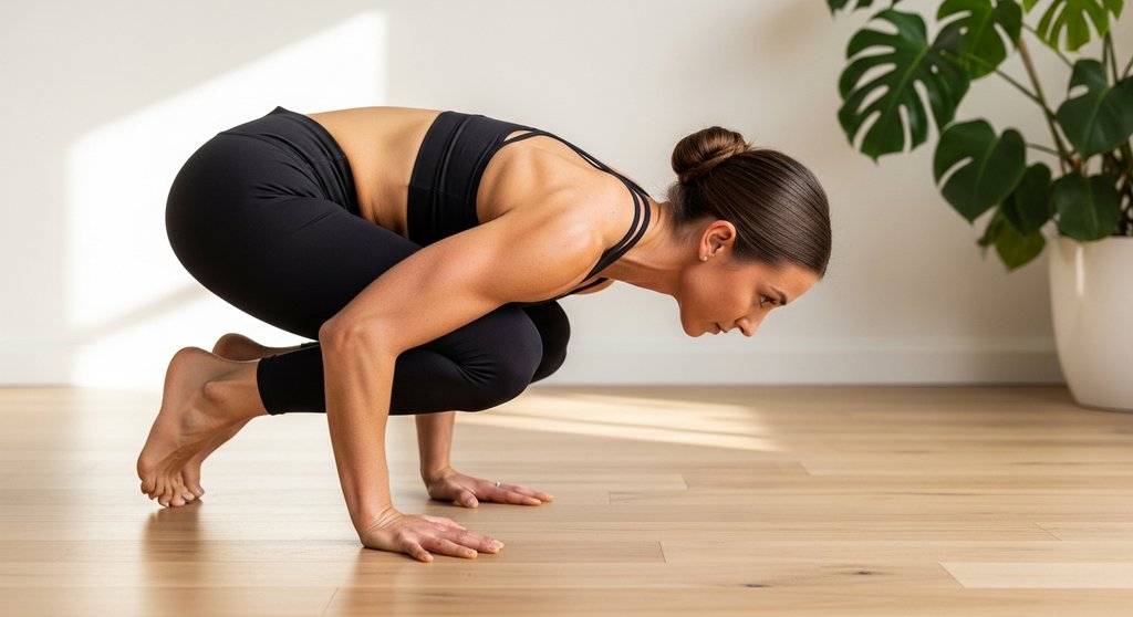Eine Frau praktiziert Parsva Bakasana, die seitliche Krähe, und demonstriert fortgeschrittene Yoga-Balance.