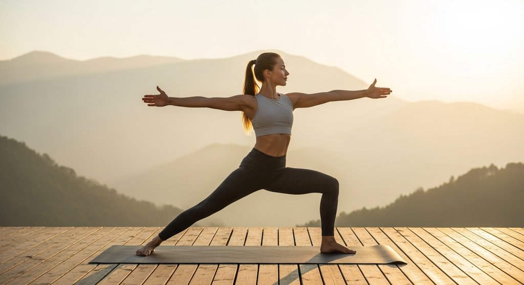 Eine Frau praktiziert Surya Namaskar, den Sonnengruß, bei Sonnenaufgang in den Bergen. Eine Frau praktiziert Surya Namaskar, den Sonnengruß, bei Sonnenaufgang in den Bergen.