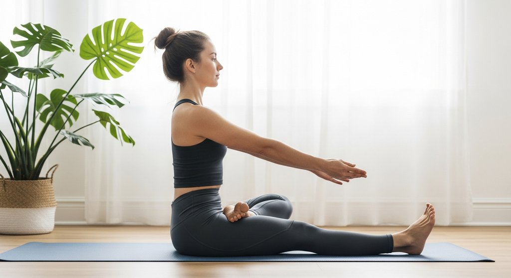 Eine Person praktiziert Dandasana, die Stockhaltung, mit geradem Rücken und gestreckten Beinen.