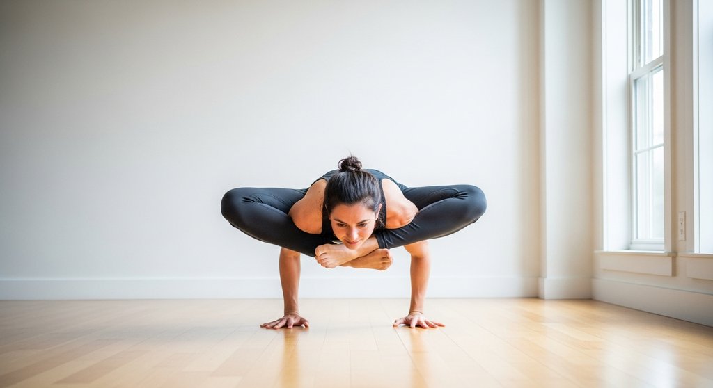 Eine Person praktiziert Mayurasana (Pfau-Pose) und balanciert auf den Händen.