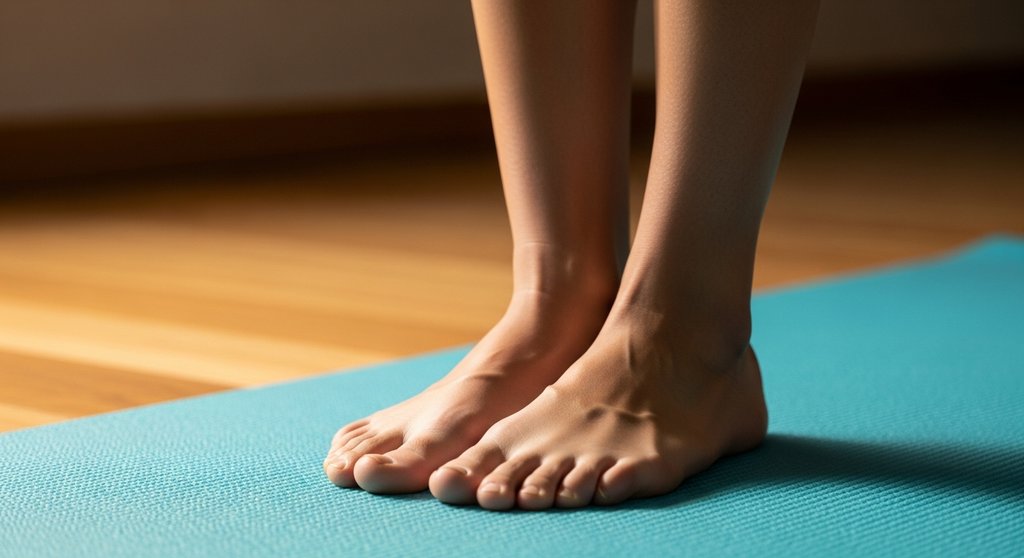 Eine Person steht stabil in der Berg-Pose (Tadasana) auf einer Yogamatte.