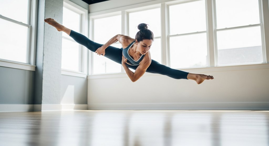 Eine Yogini hält eine fortgeschrittene Armbalance und demonstriert Stärke und Balance.