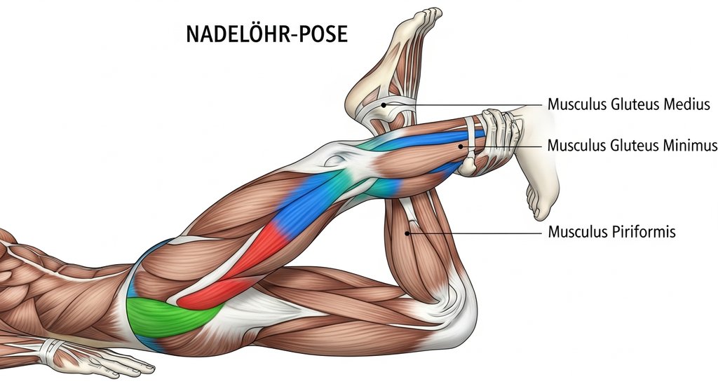 Illustration der gedehnten Muskeln bei der Yoga-Übung Nadelöhr, Fokus auf Gesäß und Piriformis.