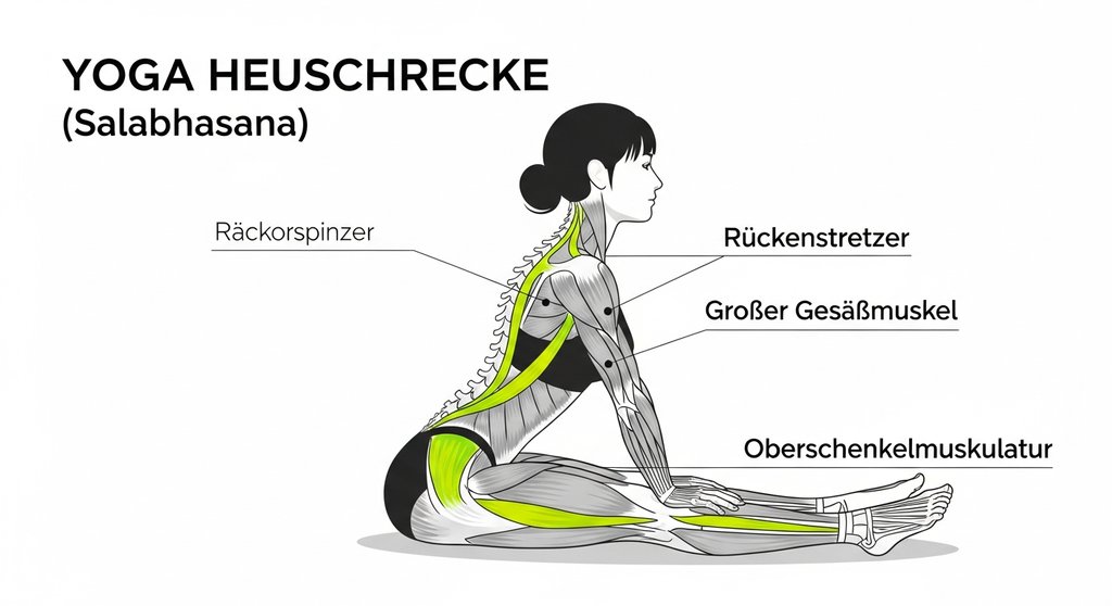 Infografik der bei der Yoga Heuschrecke (Salabhasana) aktivierten Muskelgruppen.