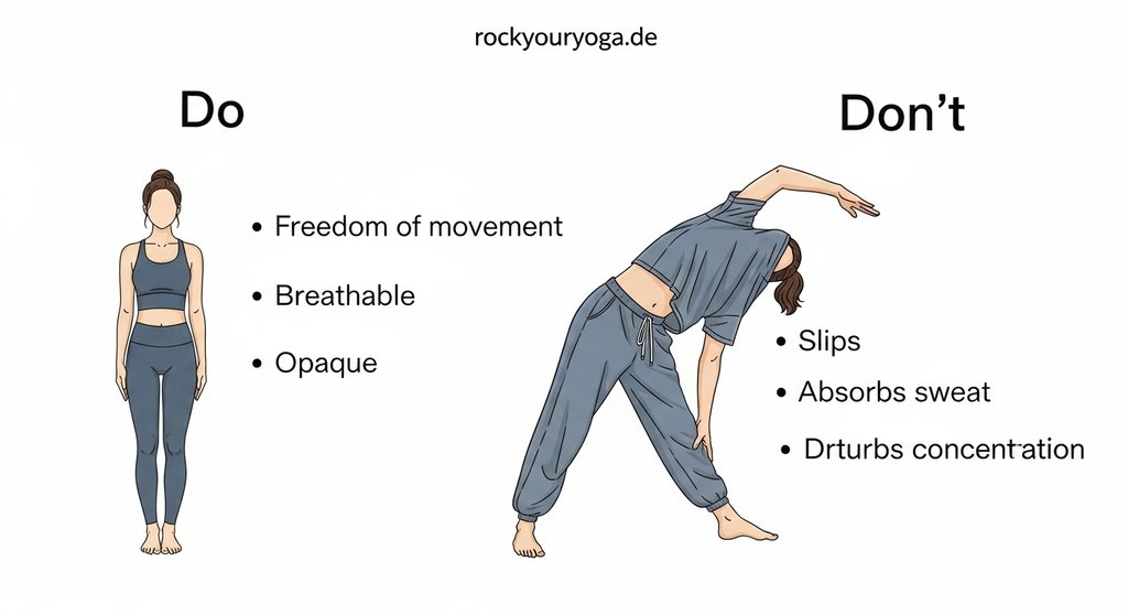Infografik, die die Vor- und Nachteile von geeigneter und ungeeigneter Yoga Kleidung zeigt.