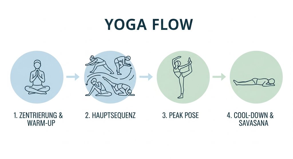 Infografik in Deutsch, die den Aufbau eines Yoga Flows in vier Phasen erklärt.