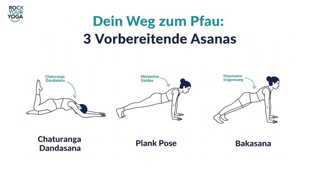 Infografik mit 3 vorbereitenden Yoga-Übungen für die Pfau-Pose Mayurasana.