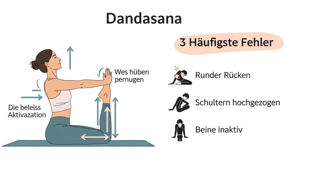 Infografik mit Anleitung und häufigen Fehlern bei der Stockhaltung (Dandasana).