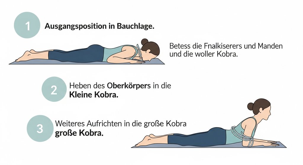 Infografik mit Anleitung zur korrekten Ausführung der Yoga Kobra in drei Schritten.