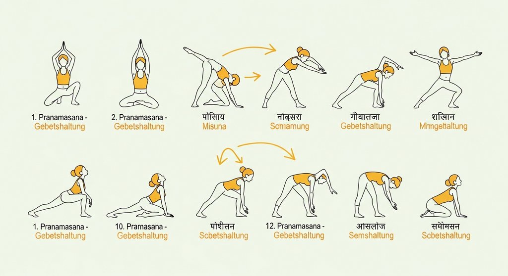 Infografik mit den 12 Schritten des Sonnengrußes Surya Namaskar in der korrekten Reihenfolge.