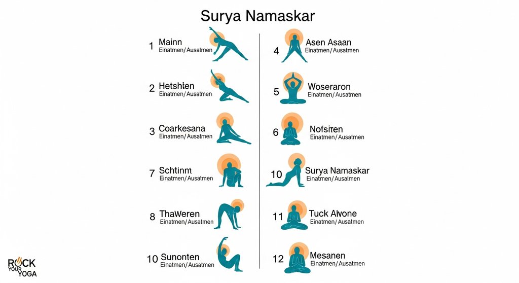 Infografik mit den 12 Schritten des Sonnengrußes und den Atemanweisungen.