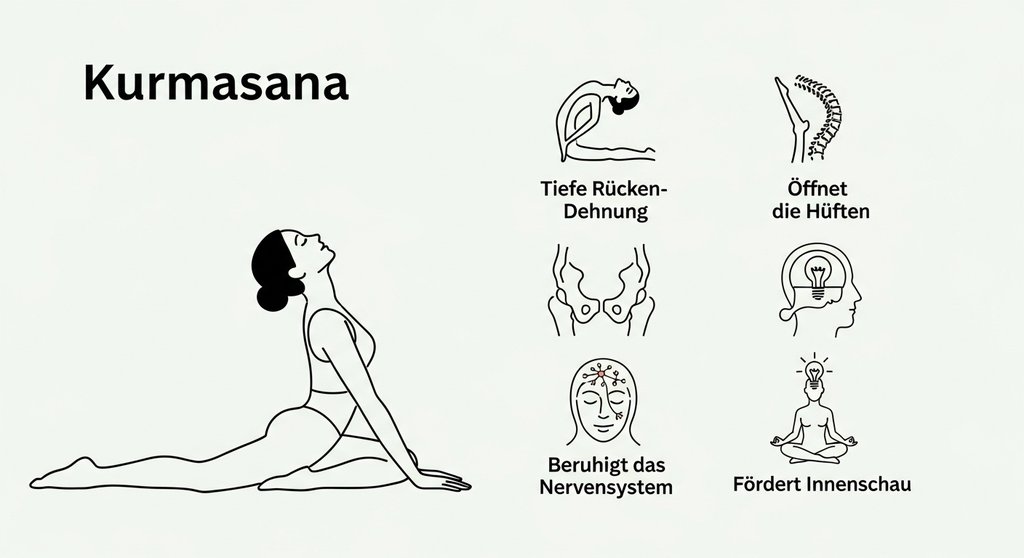 Infografik mit den vier zentralen Vorteilen der Yoga Schildkröte Kurmasana.