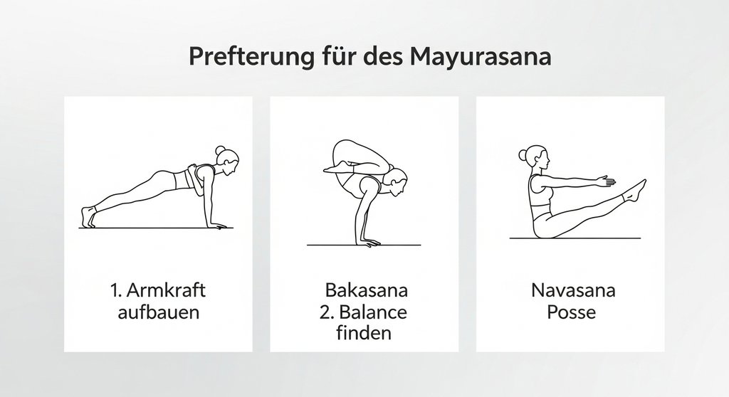 Infografik mit drei vorbereitenden Yoga-Übungen für die Pfau-Pose: Chaturanga, Bakasana und Navasana.