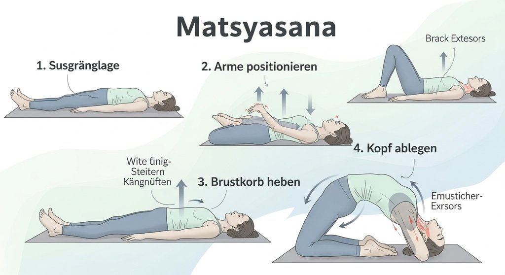 Infografik mit einer Schritt-für-Schritt-Anleitung für die korrekte Ausführung von Matsyasana.